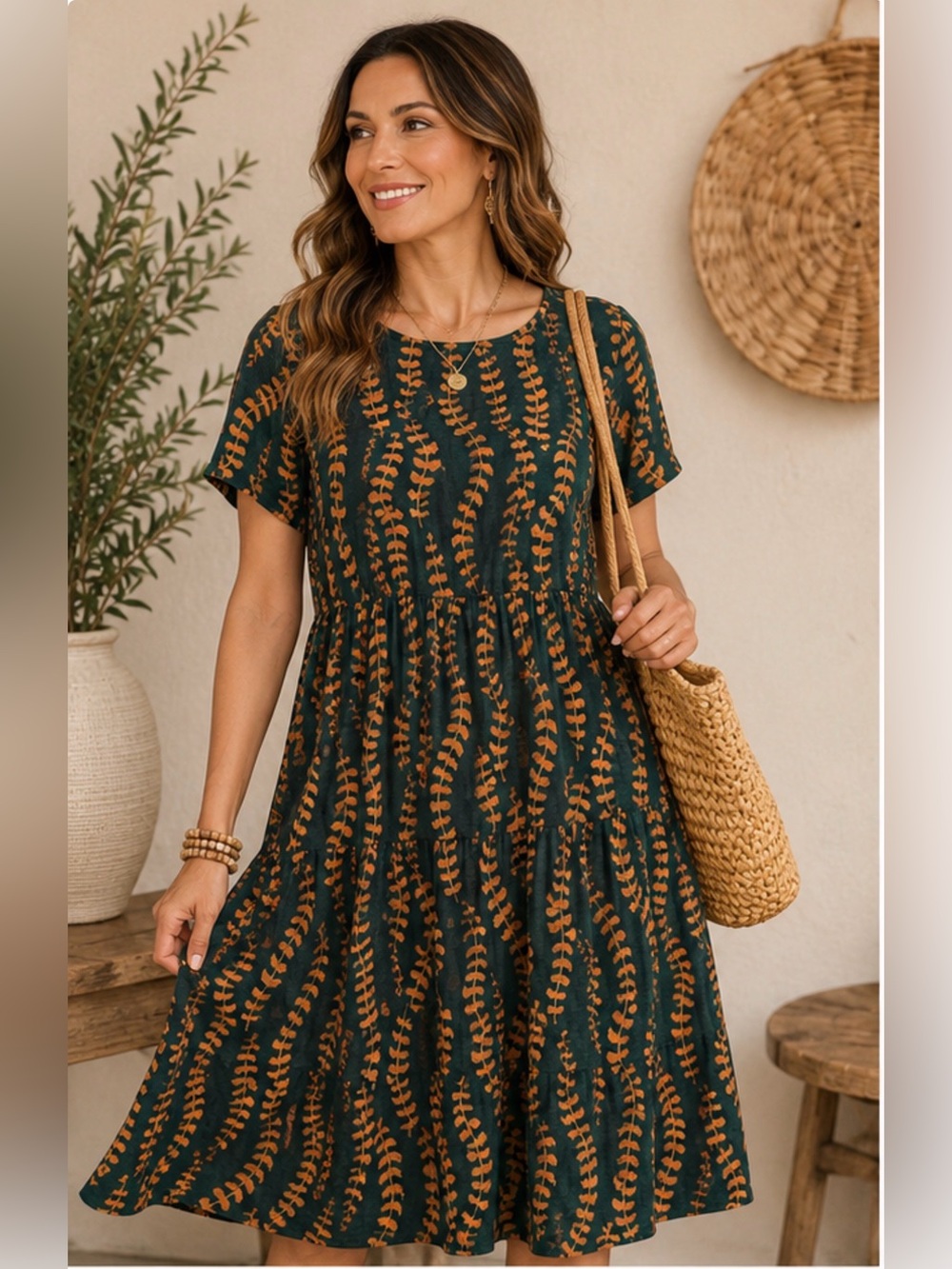 YESNO 100% Cotton Boho Leaf Print Tiered‎ Midi Dress XL Green Brown Cottagecore